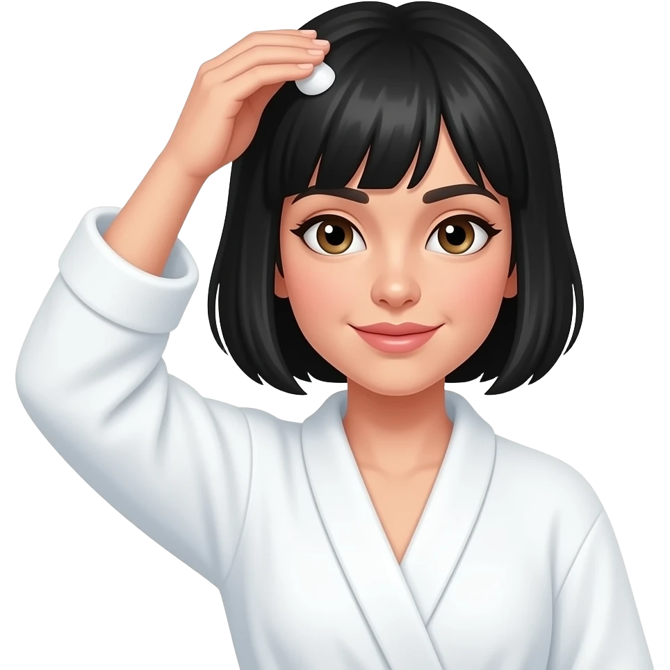 White girl taking care of her black short hair by giving herself a hair tonic massage, wearing a white robe, iPhone emoji style emoji