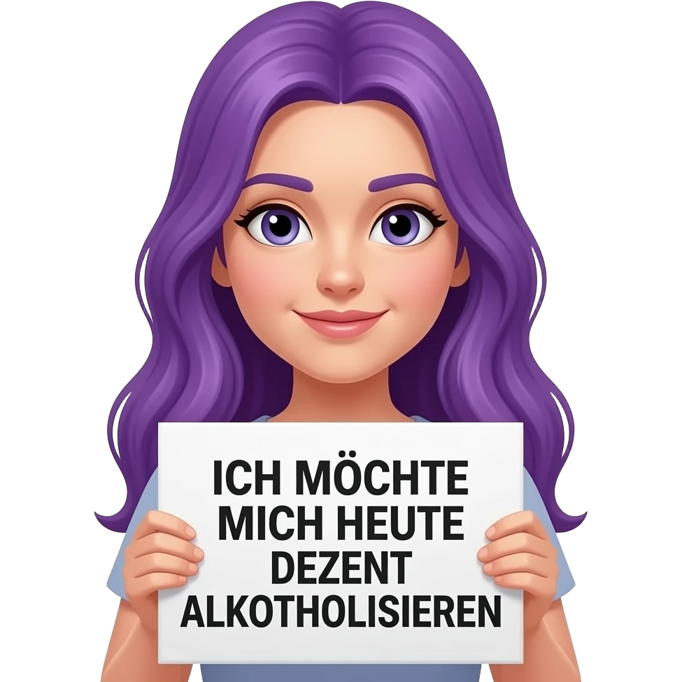 girl with long purple hair holding a ICH MÖCHTE MICH HEUTE DEZENT ALKOHOLISIEREN sign emoji