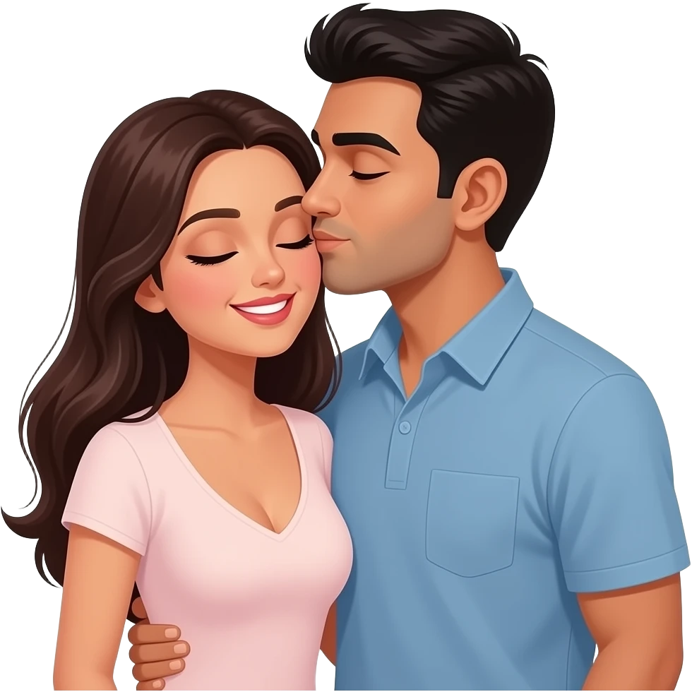 Husband kissing wife lovingly Indian couple modern casual dress. Lady low neck, men no beard emoji