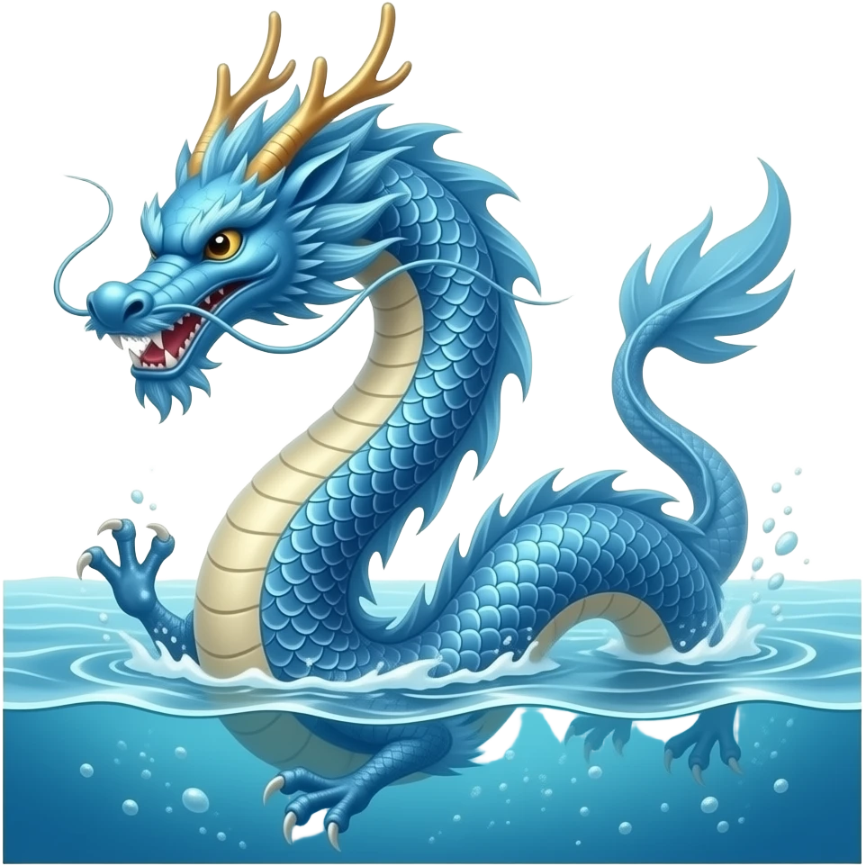 A blue Chinese serpentine dragon emerges from the sea and hovers above the surface. emoji
