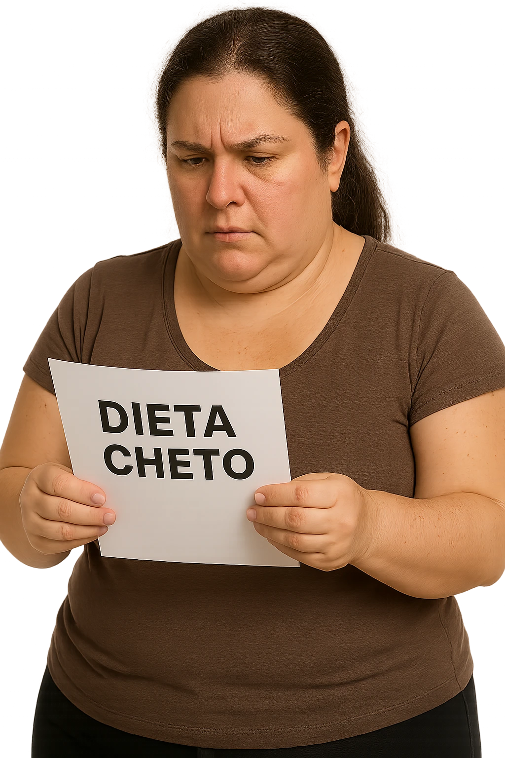 donna realistica leggermente in sovrappeso che legge un foglio con la scritta "dieta Cheto", sfondo bianco, iperrealistica 4k, IPERREALISTICA 4K emoji