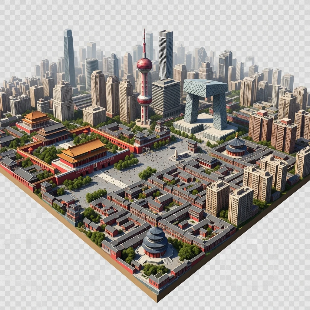 Isometric miniature of Beijing Forbidden City, Tiananmen Square, CCTV Headquarters, Temple of Heaven, and crowded hutong alleys, sprawling apartment blocks, smoggy skyline, 3D miniature effect and Tilt Shift effect, no cartoonish look, transparent background. emoji