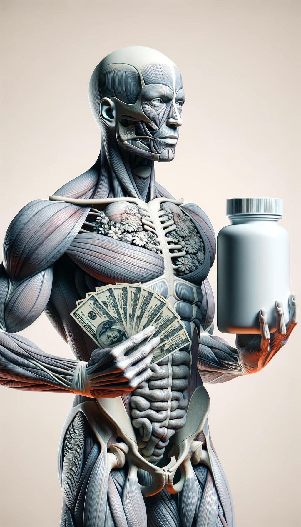 corpo umano anatomico che tiene nella mano destra una boccetta di integratore e nella mano sinistra delle banconote, sfondo neutro chiaro emoji