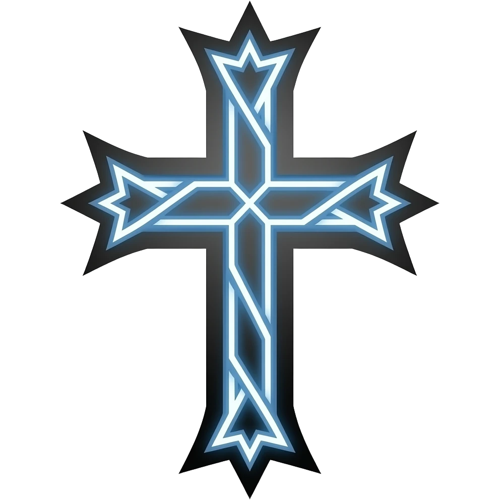 Periwinkle thin christian cross with edgy design that blinks neon every millisecond with black border emoji