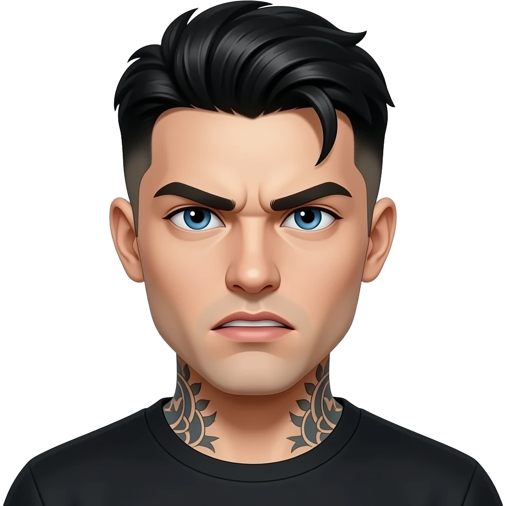 regard méchant gars cheveux noirs low taper fade look dark beau et yeux bleus peau laiteuse pâle et tatoué 25 ans emoji