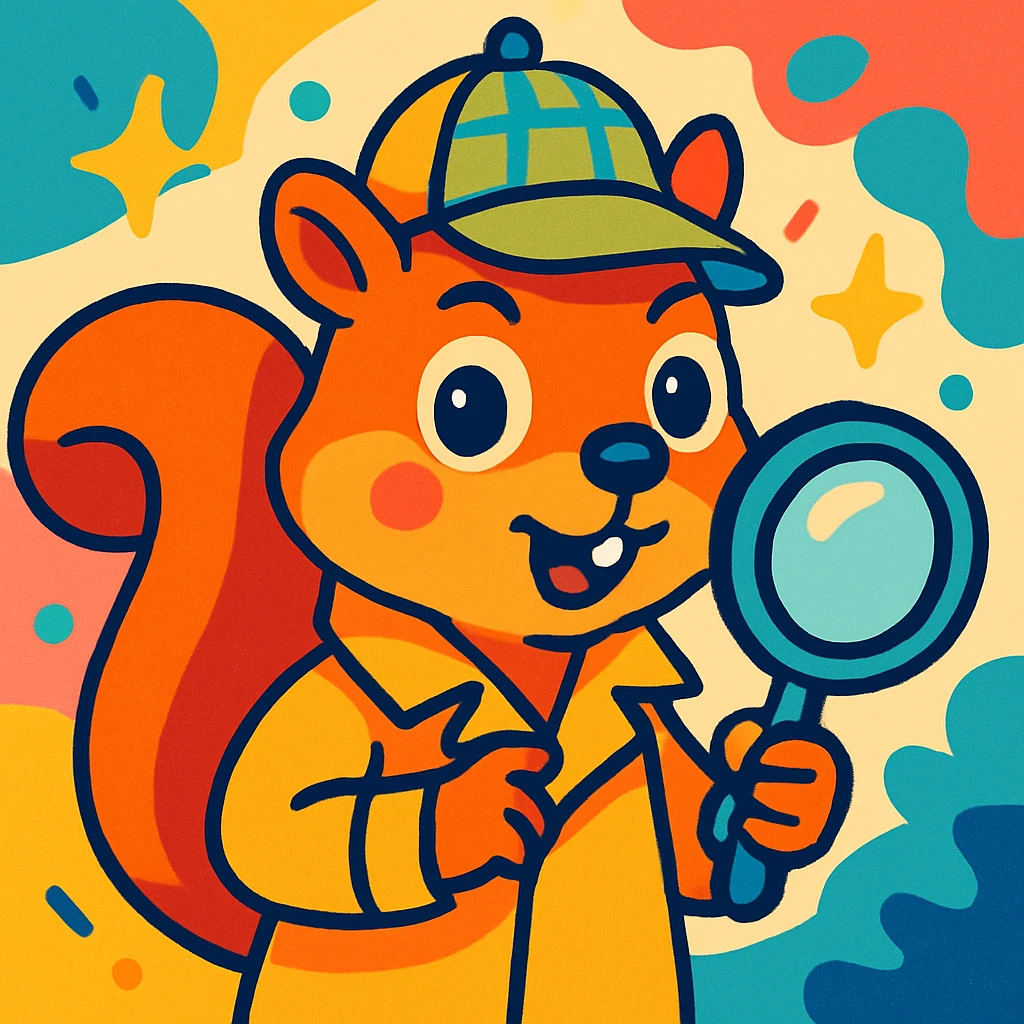 detective squirrel with magnifying glass and Sherlock Holmes hat, vibrant cartoon style emoji
