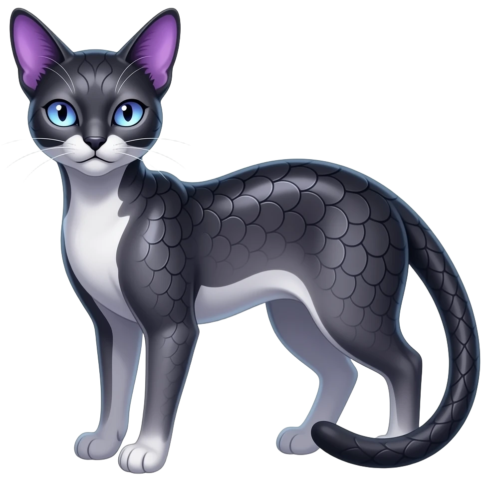 Realistic slim smooth shiny glossy elegant Abyssinian bioluminescent dull, scaly furry oil-blackish oily greyish, purplish, whitish abyss-fantasy-Zorua-Sprigatito-Absol-feline-Fakémon-fusion, with thin neon-glowing bulb-whiskers, full body emoji