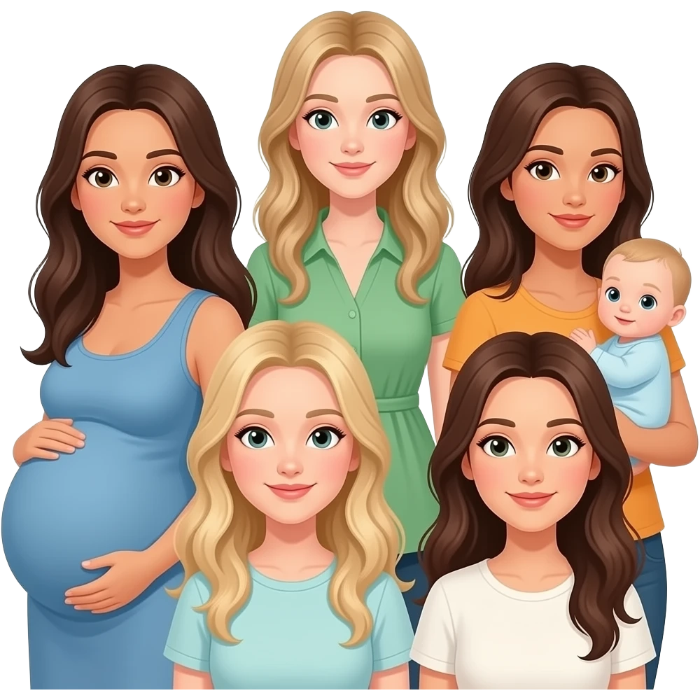 5 Caucasian women with long hair: 1 brunette whose pregnant, 1 dirty blonde tall, 1 dirty blonde with baby in arms, 1 blonde, 1 brunette emoji