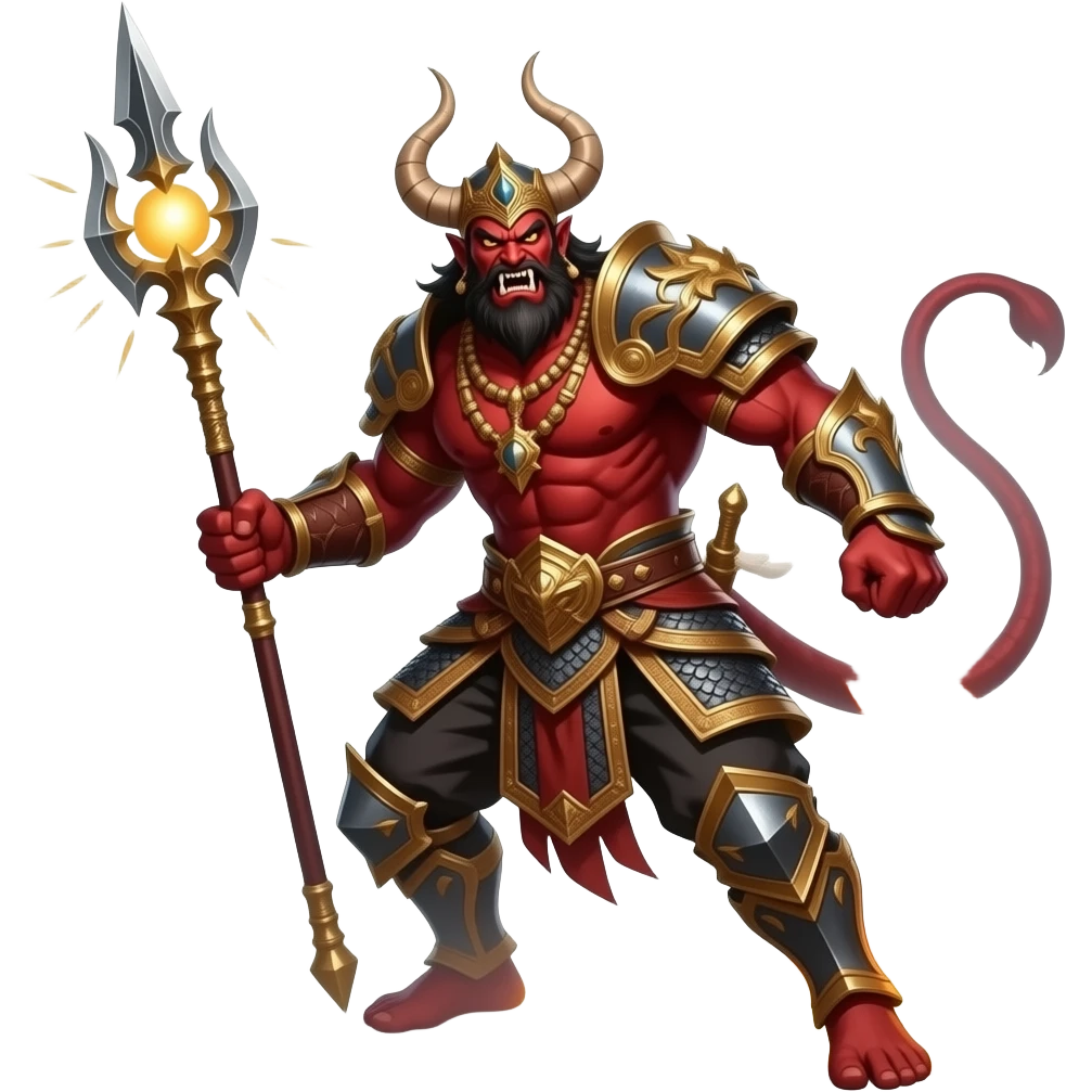 Kumbhakarna, the giant demon warrior, dark red skin, charging with a giant celestial spear (Mokhasak), destructive force trail, heavy armor, fierce battle background. emoji