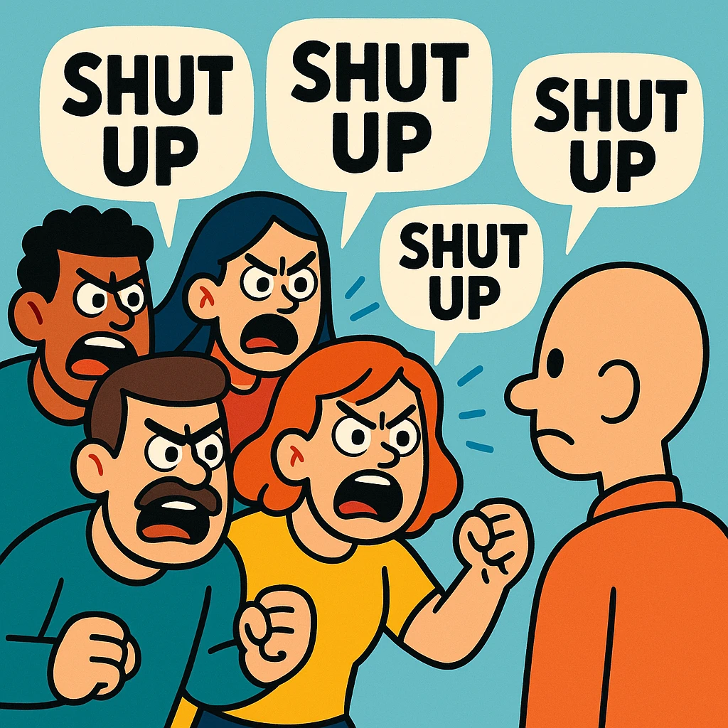 a group of cartoon people angrily yelling at a bald man, expressive faces, speech bubbles saying 'shut up', vibrant toon style, simple background emoji