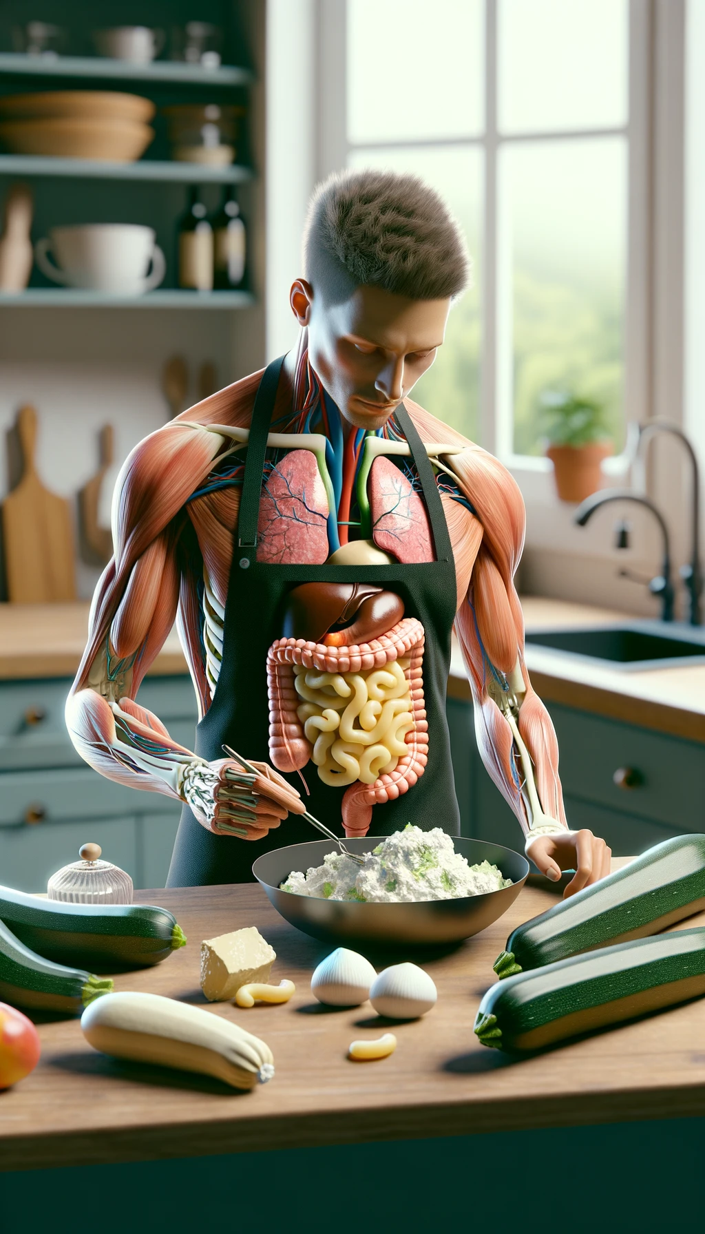 corpo umano con capelli corti con grembiule nero che cucina una ricetta con zucchine, gnocchi e ricotta, intestino realistico in evidenza, cucina sfocata sullo sfondo emoji