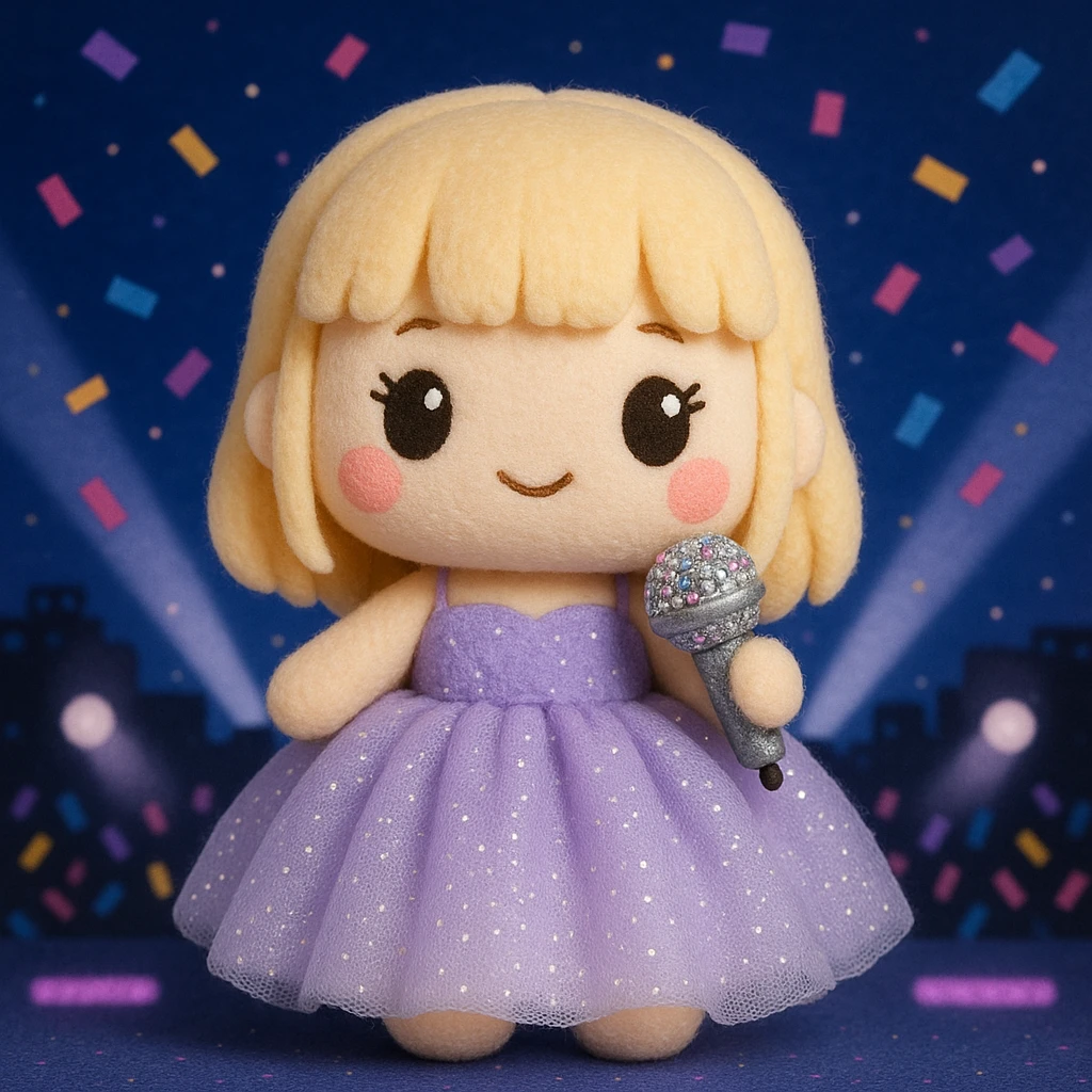 Pretty and girly Blonde pop star with bangs wearing a sparkly tulle light purple ballgown, holding a bedazzled microphone, reimagined as a soft kawaii plushie doll, with a nighttime concert backdrop with colorful confetti emoji
