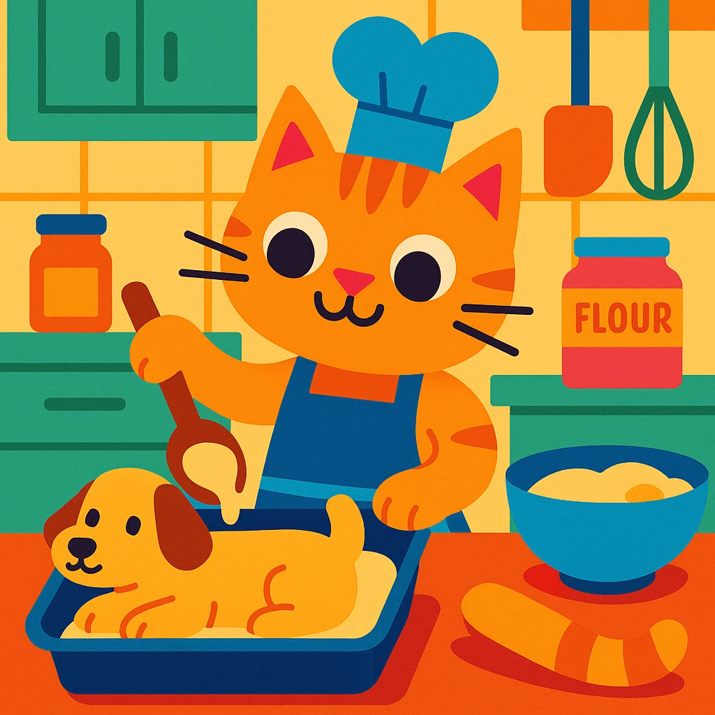 whimsical and cute cat baking a cake shaped like a dog, colorful and playful cartoon style emoji