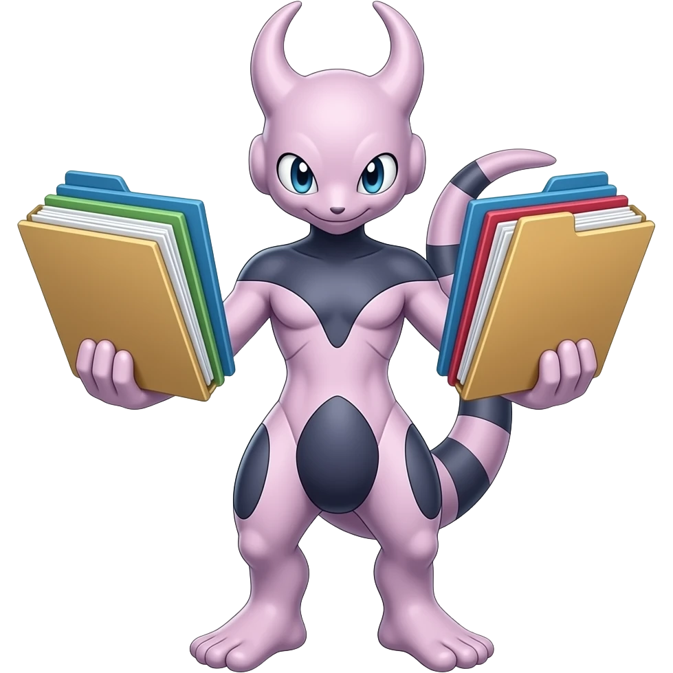pokemon mewtwo with sheets and folders in their hands emoji