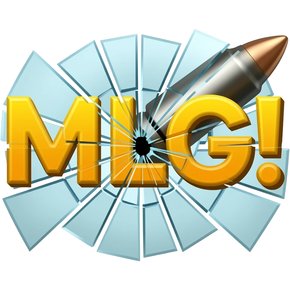 Надпись MLG! жёлтого цвета рассыпалась на мелкие осколки как стекло от взрыва выстрела пули emoji