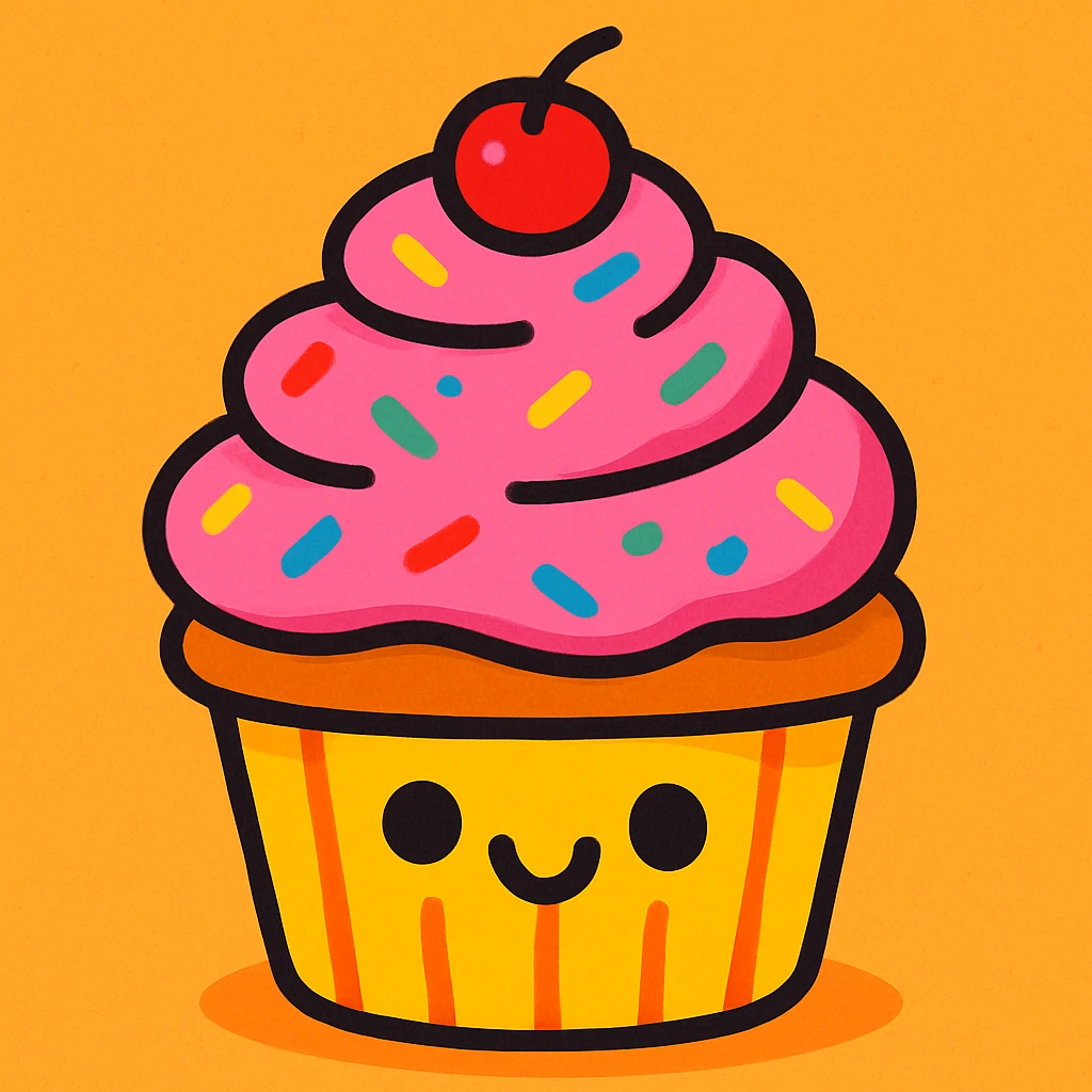 cupcake with pink icing, vibrant and cute emoji