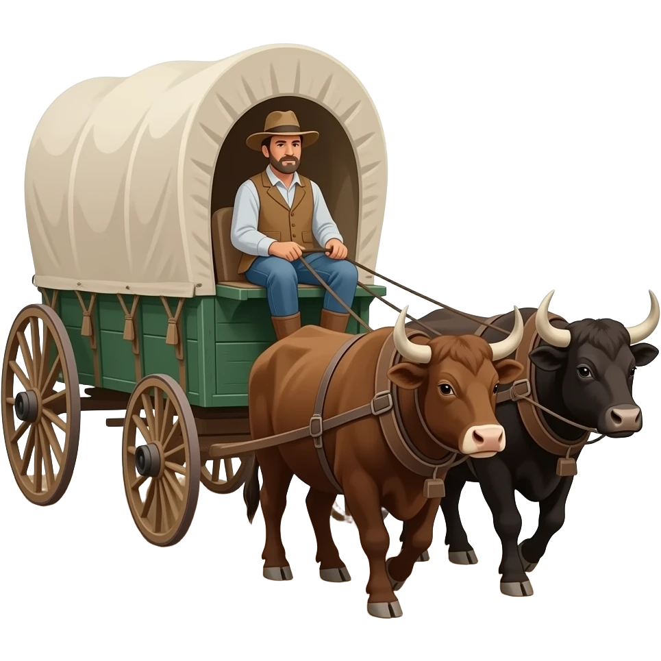 man sitting on seat of covered wagon and walking down the oregon trail with two oxen at the head of the wagon. The wagon is full of contents from the pioneer time. emoji
