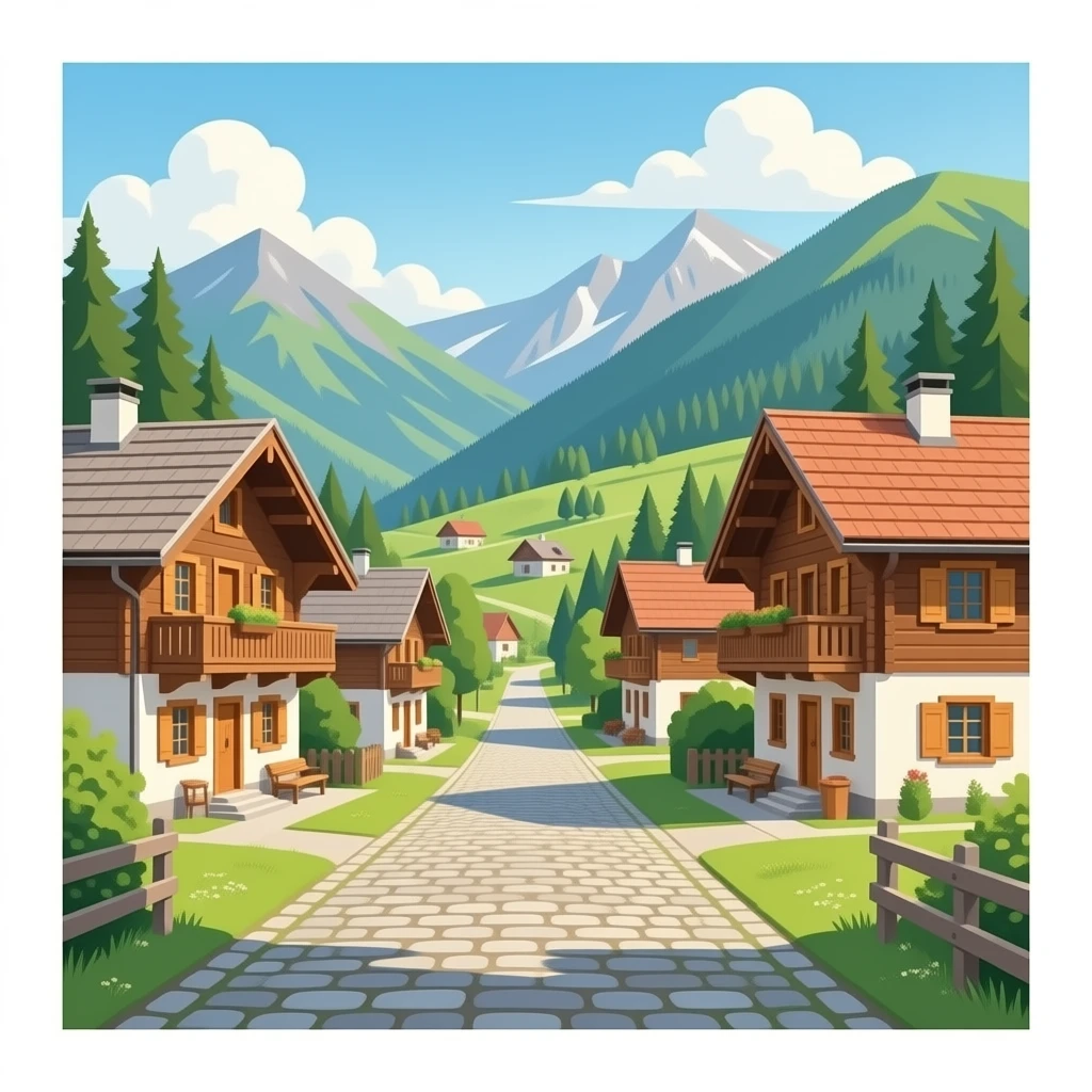 quiero un publo tipico de montaña con los abitantes muy tranquilos quiero que se de esta epoca i con habitantes emoji