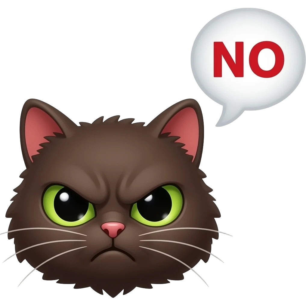 Cute grumpy angry pitch-dark brown scrunkly cat With no patterns, with green eyes saying “NO” in red letters with a speech bubble emoji
