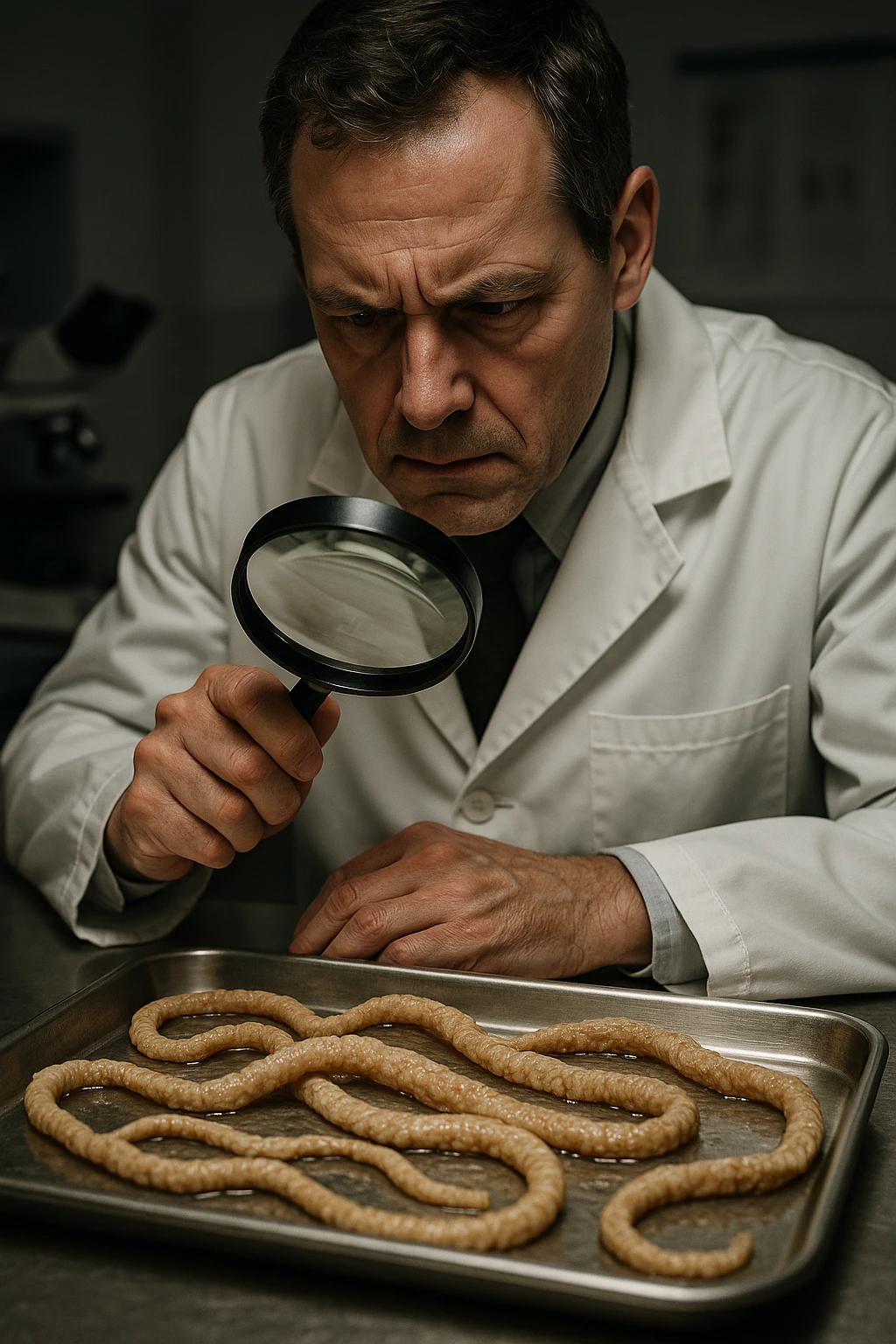 A middle-aged male kinesiologist wearing a pristine white lab coat, intensely analyzing long, beige tapeworms (like Taenia) under a magnifying glass. His expression is focused and slightly concerned, with dramatic studio lighting casting sharp shadows. The parasites are highly detailed, moist, and textured, stretched across a sterile metal tray. The background is blurred but suggests a clinical environment—hints of a microscope, medical charts, and clean lab equipment. The style is hyper-realistic, with a cinematic contrast between the bright white coat and the grotesque, organic forms of the parasites. No sci-fi elements, just raw medical realism with a disturbing edge emoji