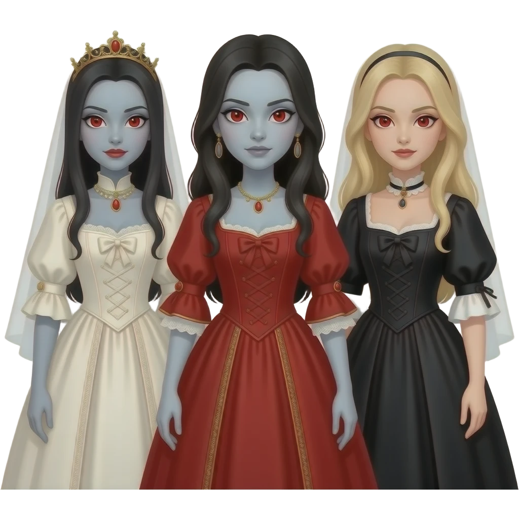Brides of Dracula with 2 long dark-haired girls with pale grey skin, red eyes, one ivory queen anne dress, one red queen anne dress, long blond-haired girl with pale grey skin, red eyes black queen anne dress emoji