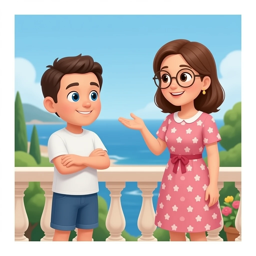 haz que haya el patufet hablando en una terraza con su madre emoji