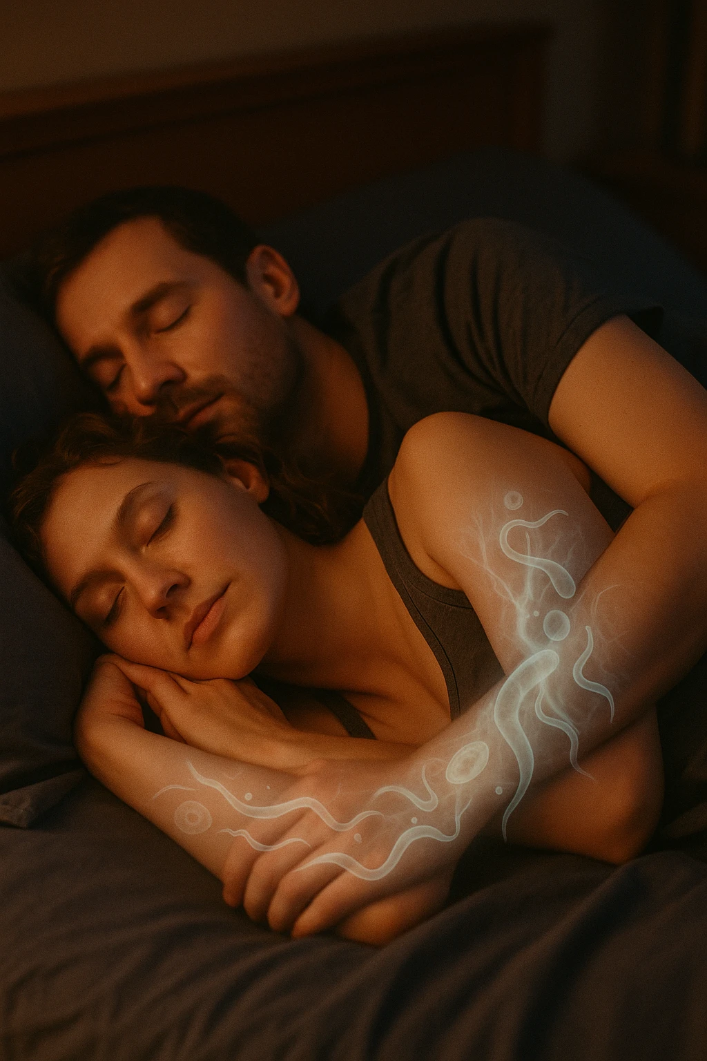 A hyper-realistic, cinematic image of a man and a woman sleeping together in the same bed under soft, dim night lighting, with their bodies close and touching. Their skin appears slightly illuminated where it touches, and under a subtle x-ray style overlay, faint ghostly silhouettes of microscopic parasites and worm-like organisms are visible crawling transdermally between their bodies, symbolizing silent, unnoticed parasite transmission during sleep. The environment is a cozy bedroom with warm tones, but the presence of the glowing parasites creates a slightly unsettling feeling, emphasizing the hidden danger. Their faces are calm, unaware, symbolizing the unconscious nature of the transmission. The image is detailed with a 35mm film hyperrealistic aesthetic, focusing sharply on the point of contact between their skin where the parasites pass, while the background remains softly blurred. The color palette uses muted warm browns and soft moonlight blues to maintain a nighttime, intimate feeling, contrasting with the translucent, glowing parasites to illustrate the hidden risk of transdermal parasite transmission while sharing a bed emoji