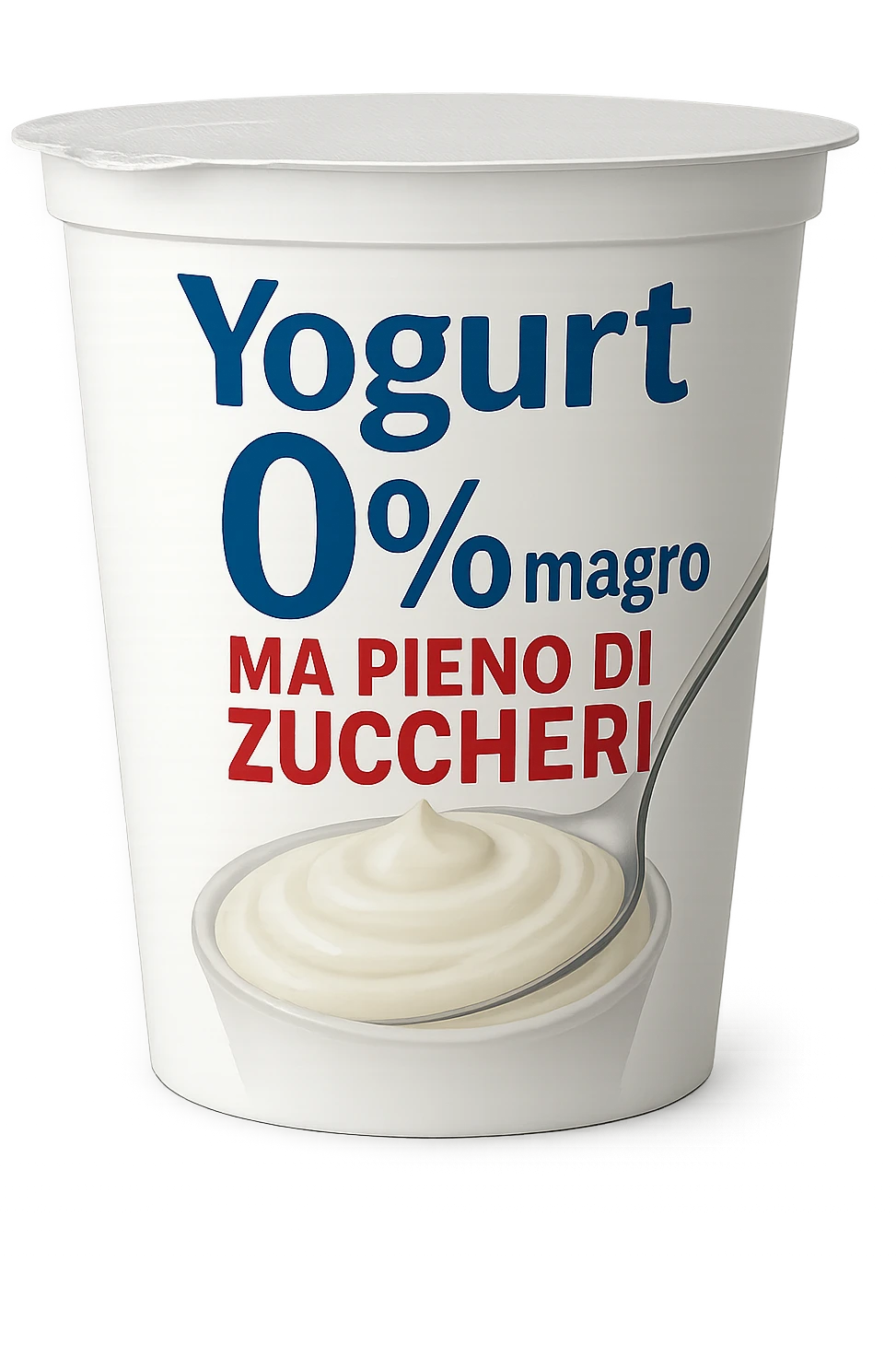 confezione di Yogurt 0% con la scritta "Yogurt 0% magro ma pieno di zuccheri" sull'etichetta emoji