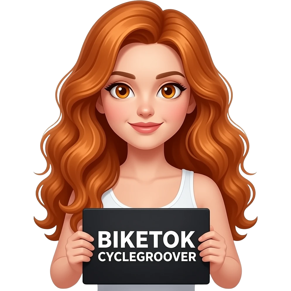 sexy girl with long wavy ginger hair and ginger eyes wearing a white tanktop is holding a black colored sign with BIKETOK CYCLEGROOVER written on it emoji