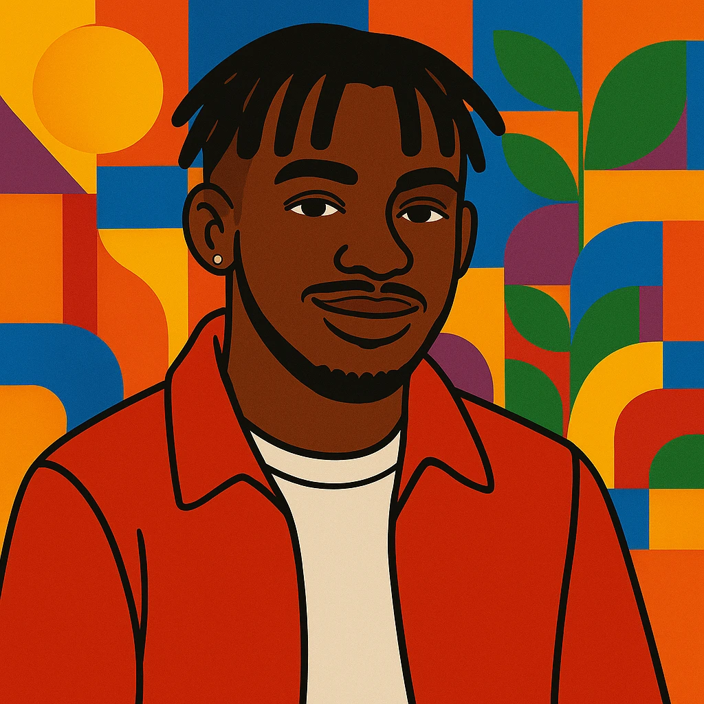 Create a vibrant cartoon style illustration inspired by the original album cover of Mélo featuring Tiakola. He is wearing a red jacket and a white t-shirt. The background is colorful and inspired by the original cover. No text included. emoji