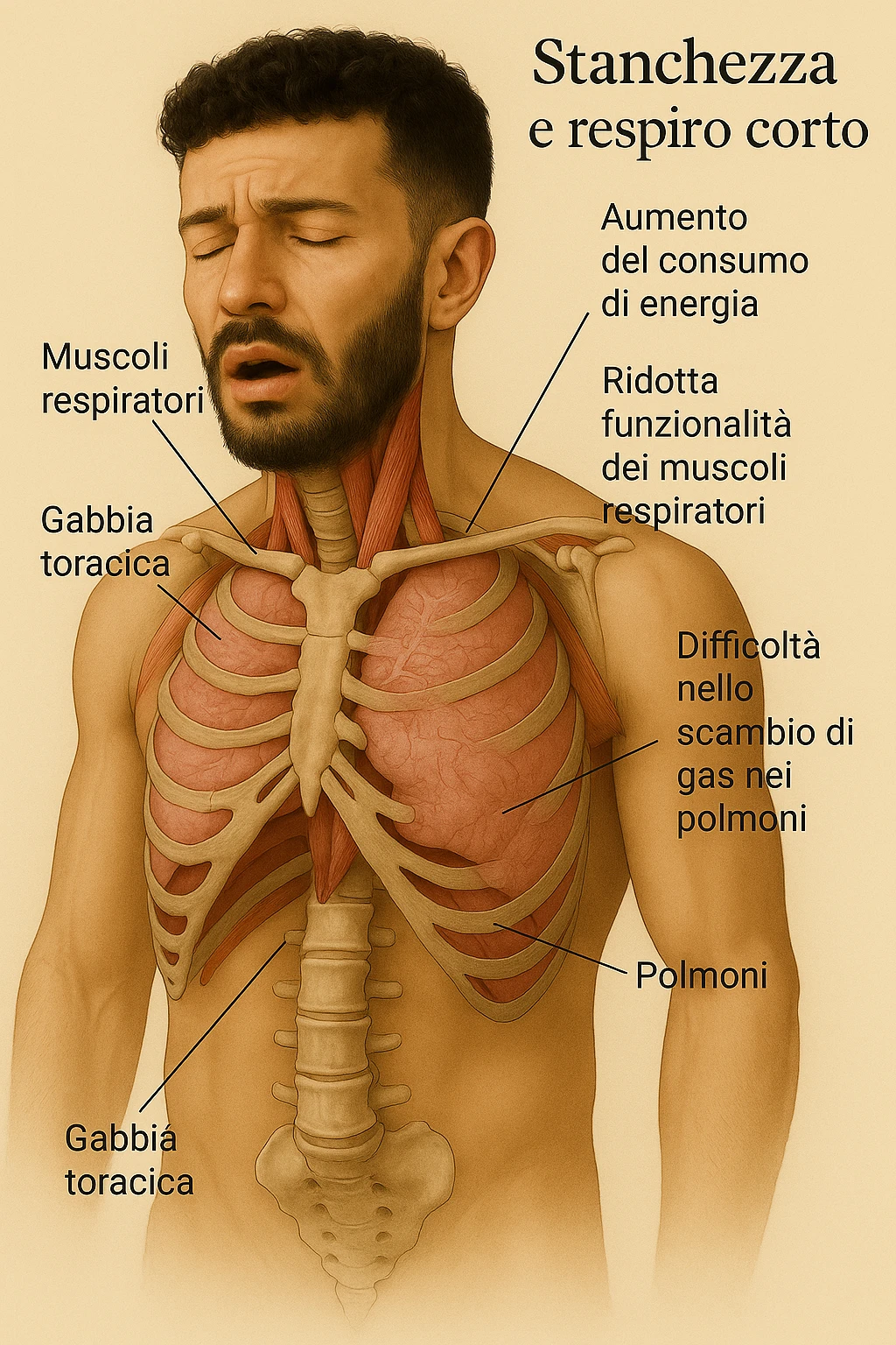 Uomo con stanchezza e respiro corto vista anatomica immagine realistica in 3D in italiano emoji