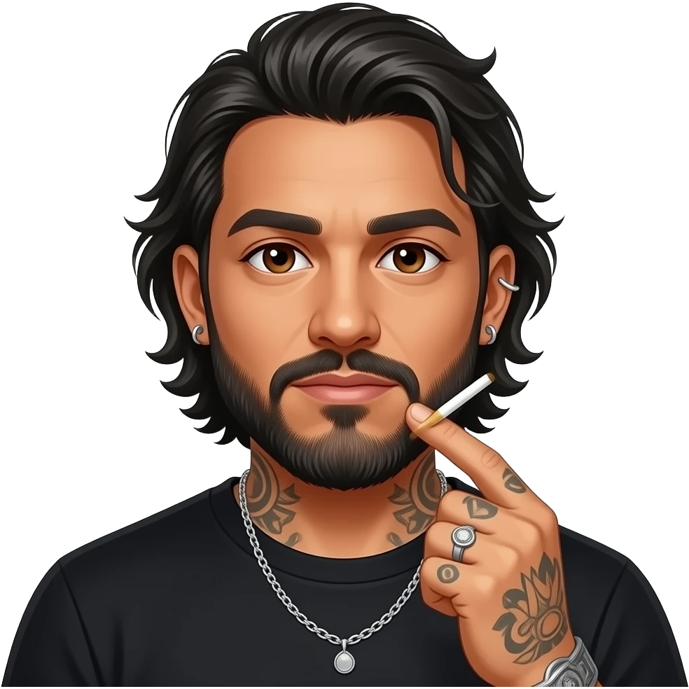 The handsome manly Latino podcast host with medium length hair, a long slightly graying beard and tattoos with his ears pierced 1 time each ear and a nose ring on the right side, dark brown eyes, wearing black, and jewelry, doing cocaine emoji