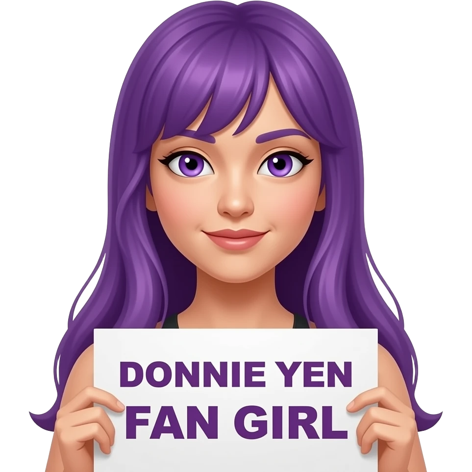 sexy girl with long purple hair and purple eyes holding DONNIE YEN FAN GIRLsign emoji