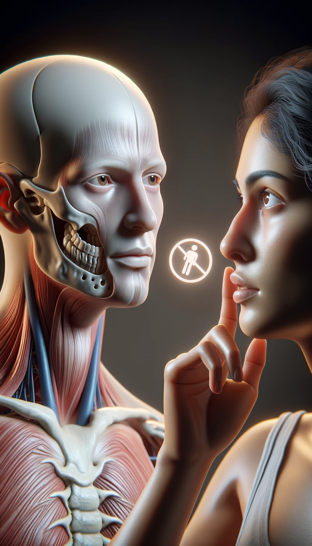 corpo umano anatomico che parla ma sopra di lui c'è il muto, un altra persona lo ascolta, immagine iperrealistica 4k emoji