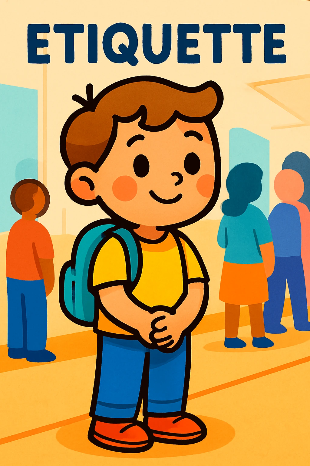a child waiting patiently in line, etiquette theme, vibrant toon style emoji