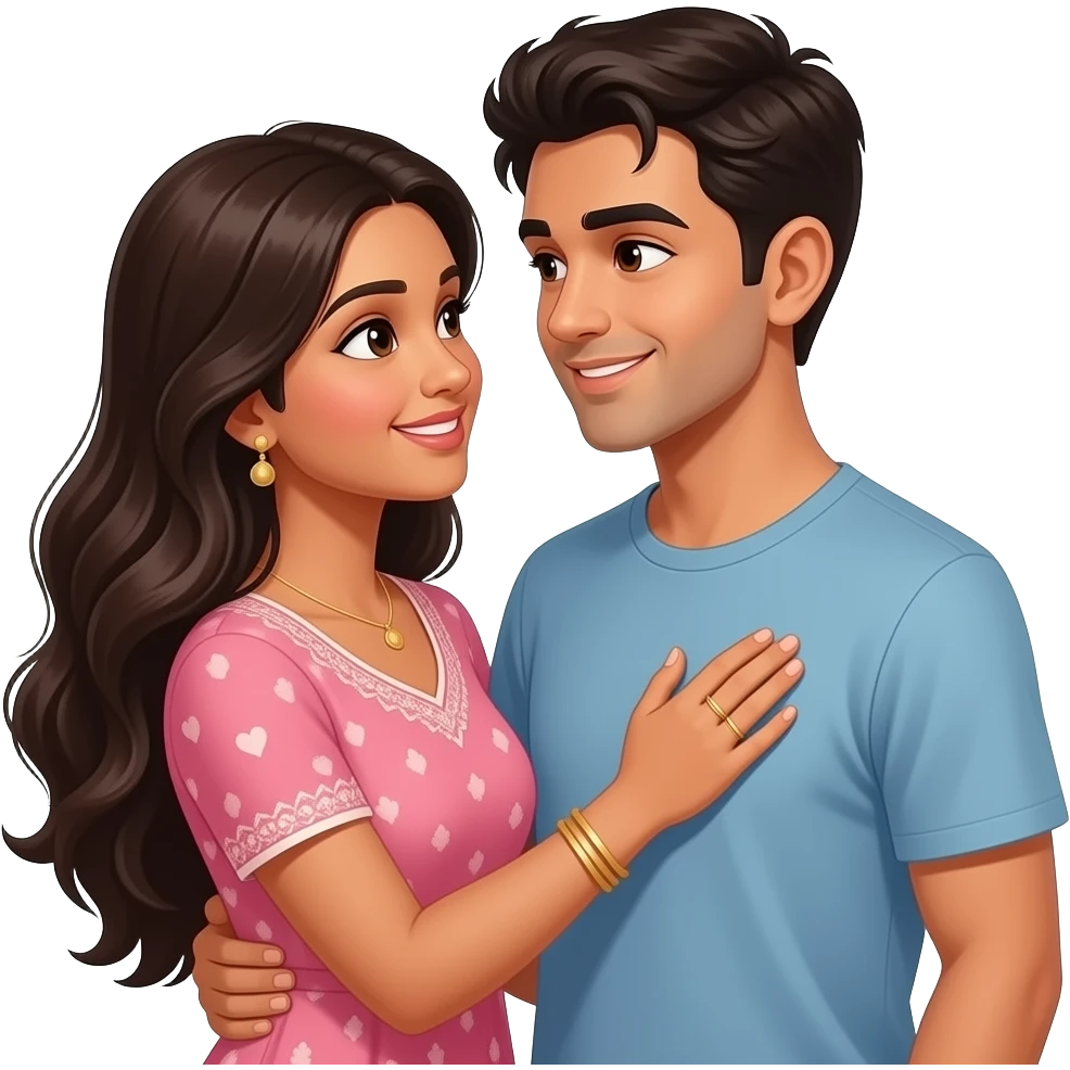long haired Indian lady holding her hand on boyfriend heart looking at each other lovingly emoji
