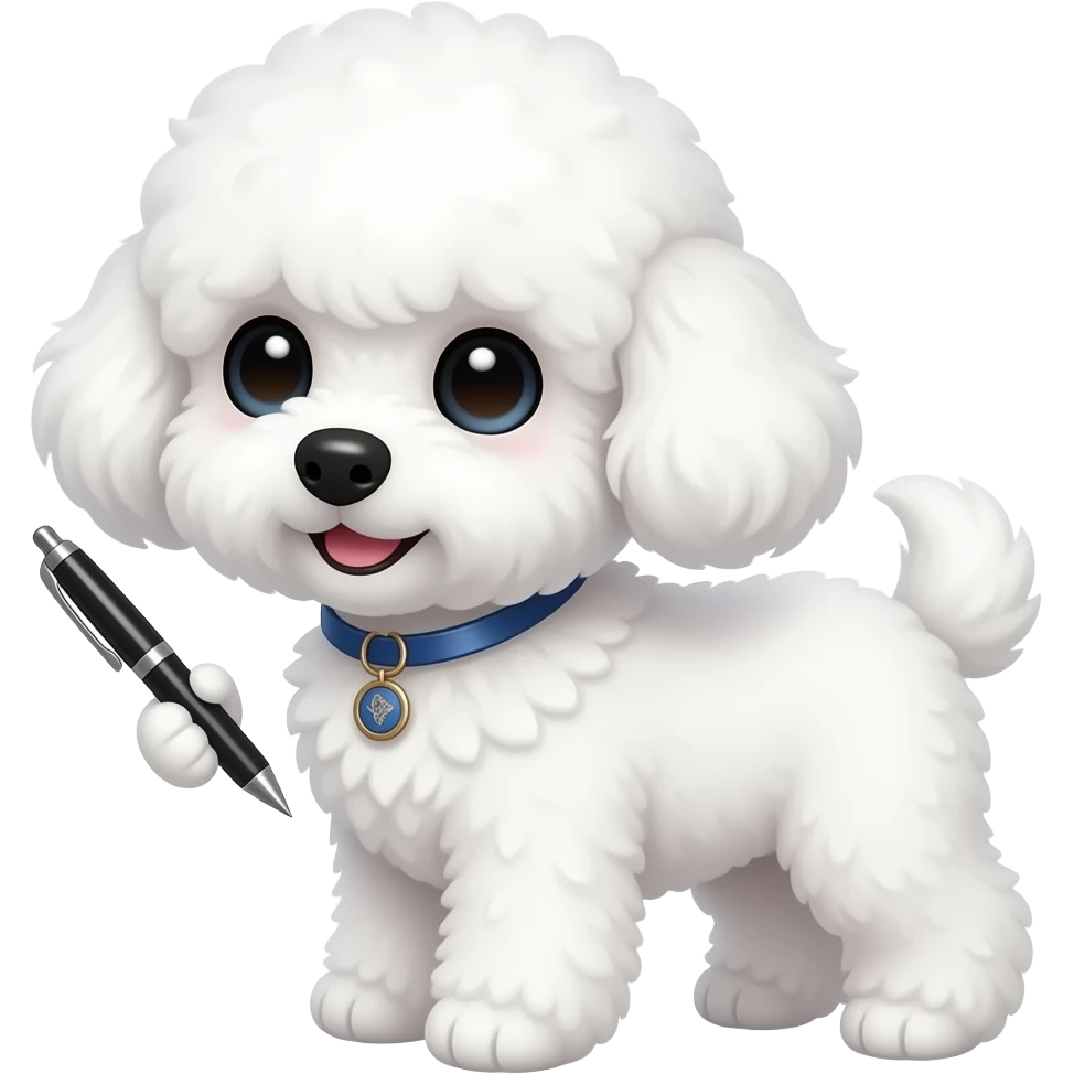 white Bichon holding pen emoji