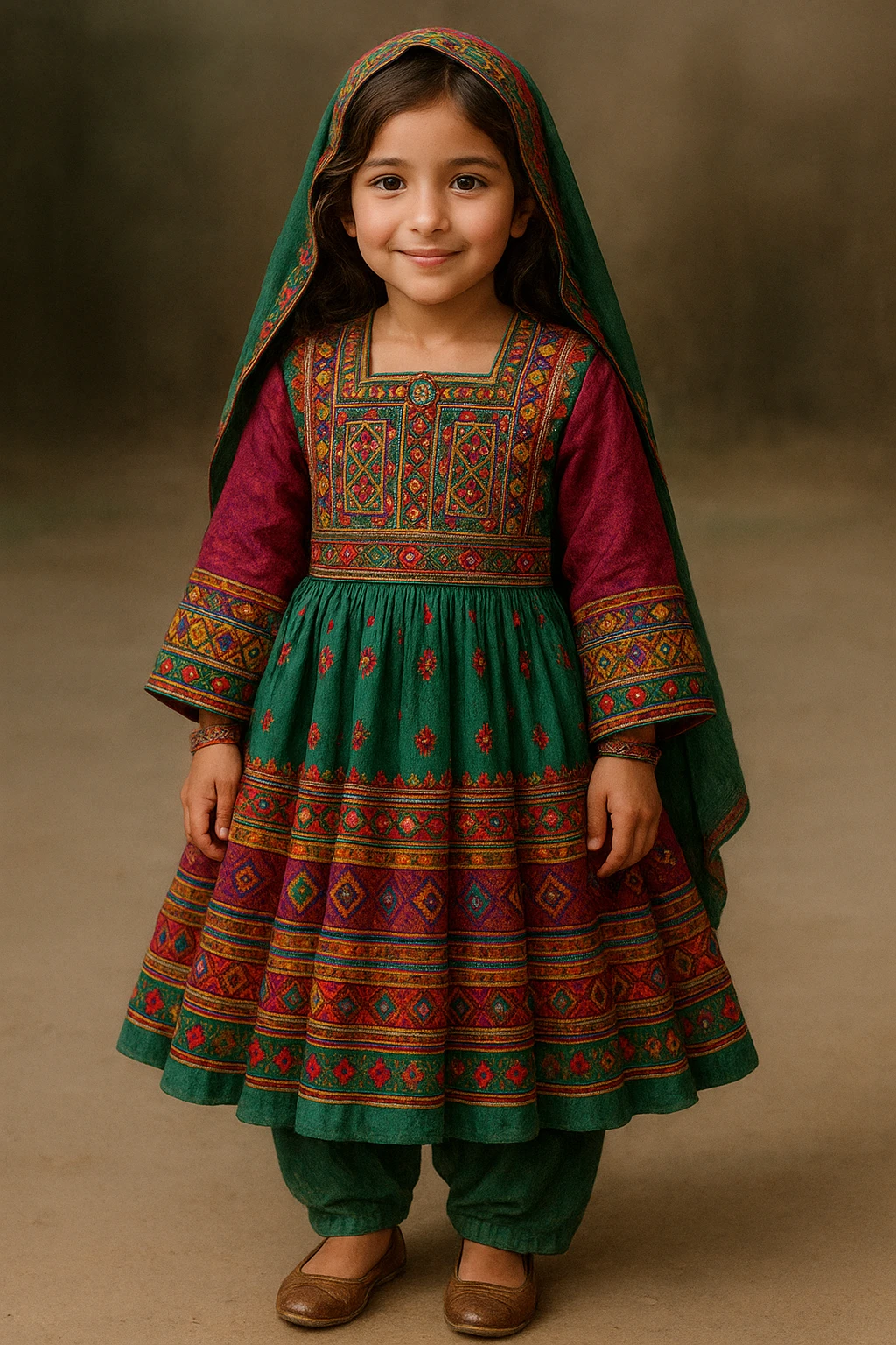 a dark brown haired girl wearing a traditional Afghan dress, vibrant colors, detailed embroidery, standing, full body, friendly expression emoji