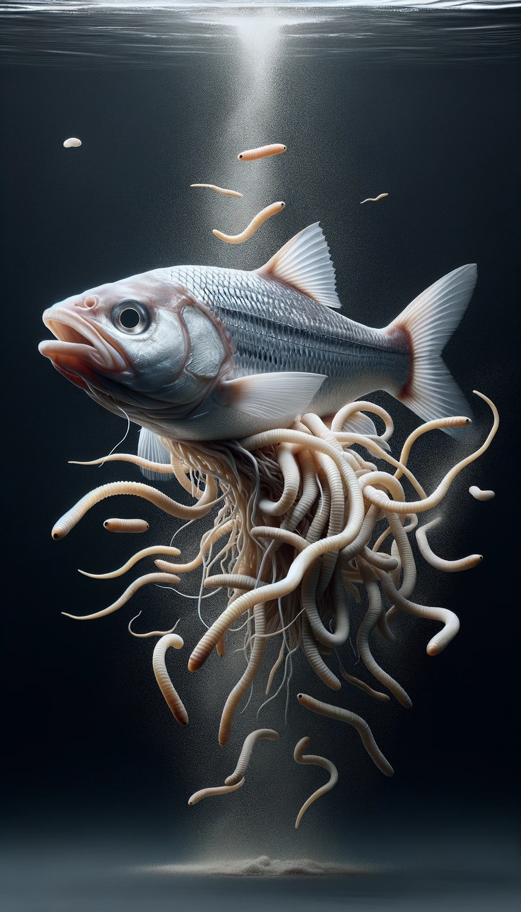 pesce crudo fluttua in aria insieme a dei lunghi vermi beige chiaro, iperrealistico 4k emoji