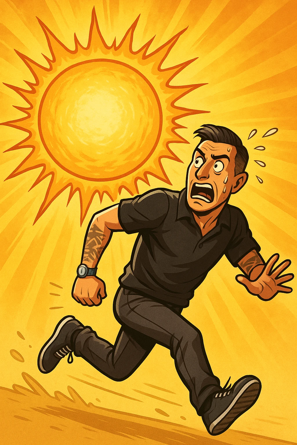 Uomo che corre via dal sole spaventato perchè pensa sia nocivo emoji