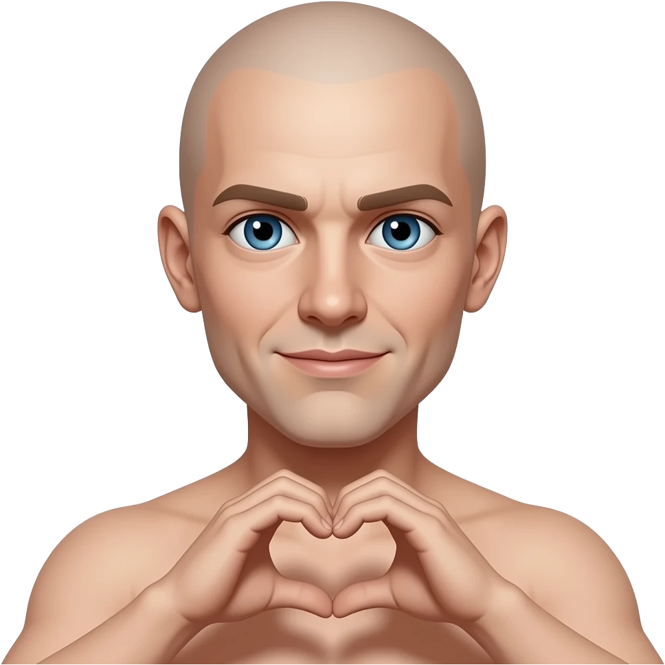 Homme sans cheveux, yeux bleus qui fait le signe coeur emoji