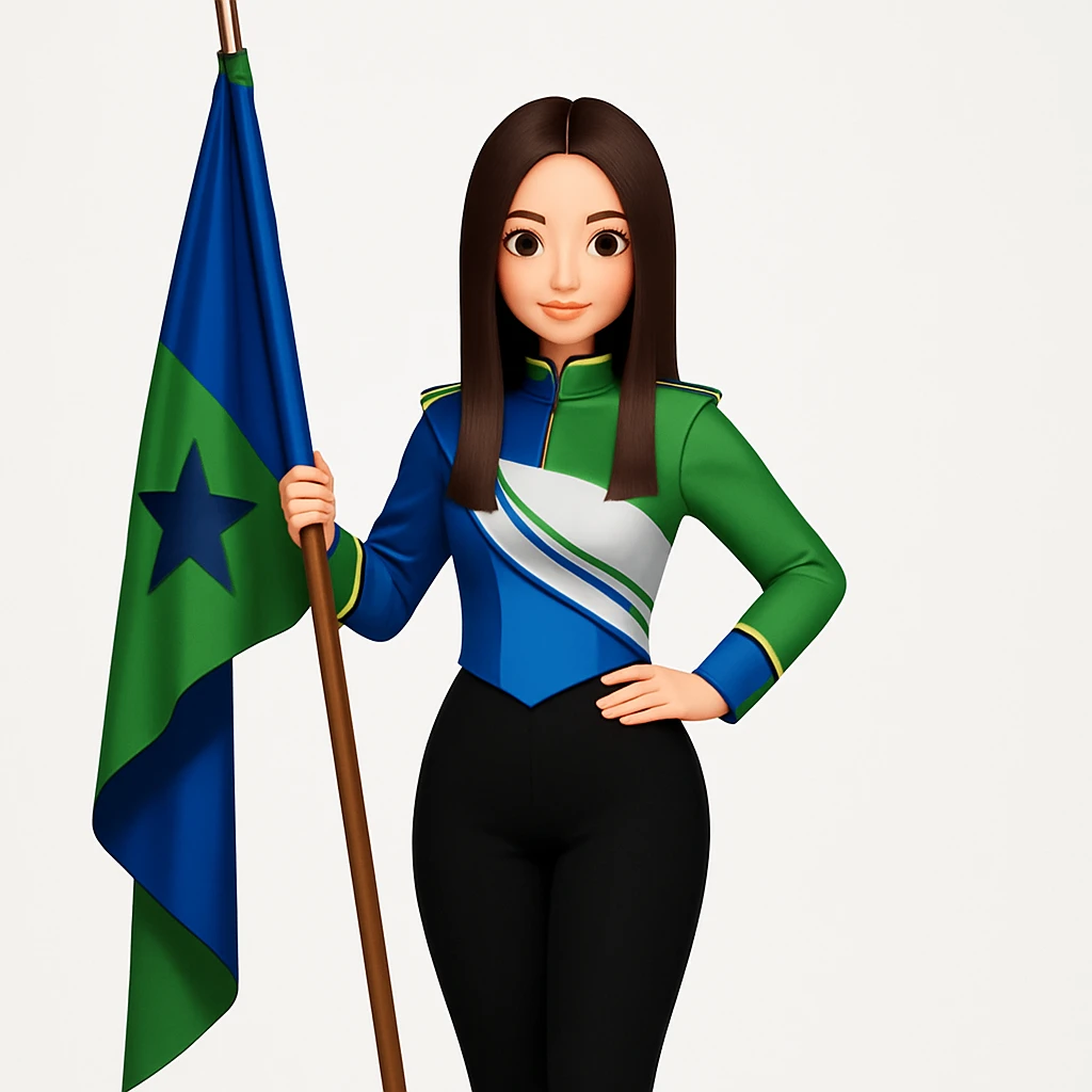 Change all yellow areas to green, keeping the blue areas blue. The flag and the uniform should now be green and blue instead of blue and yellow. Preserve the original style and pose, maintaining the look of the original image. emoji
