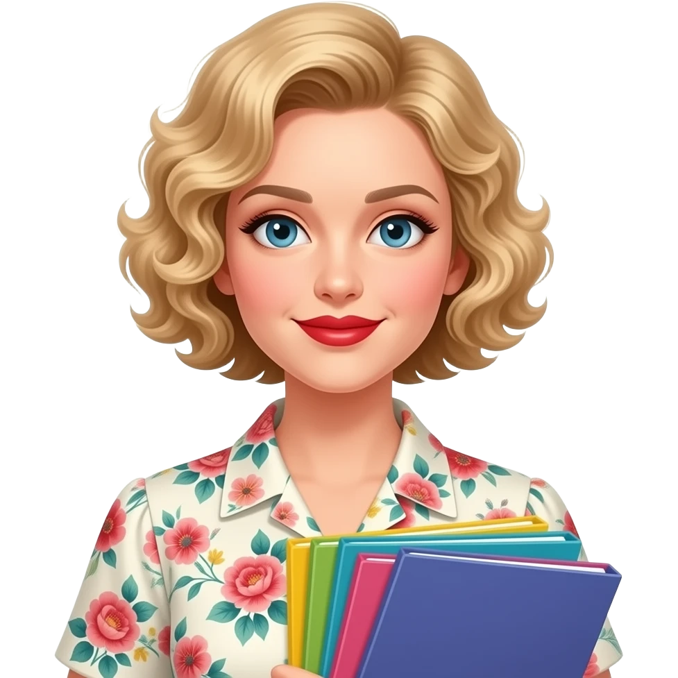 short blonde curly hair bob holding colorful folders in red lipstick and vintage floral blouse emoji