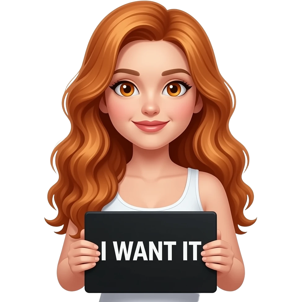 sexy girl with long wavy ginger hair and ginger eyes wearing a white tanktop is holding a black colored sign with I WANT IT written on it emoji
