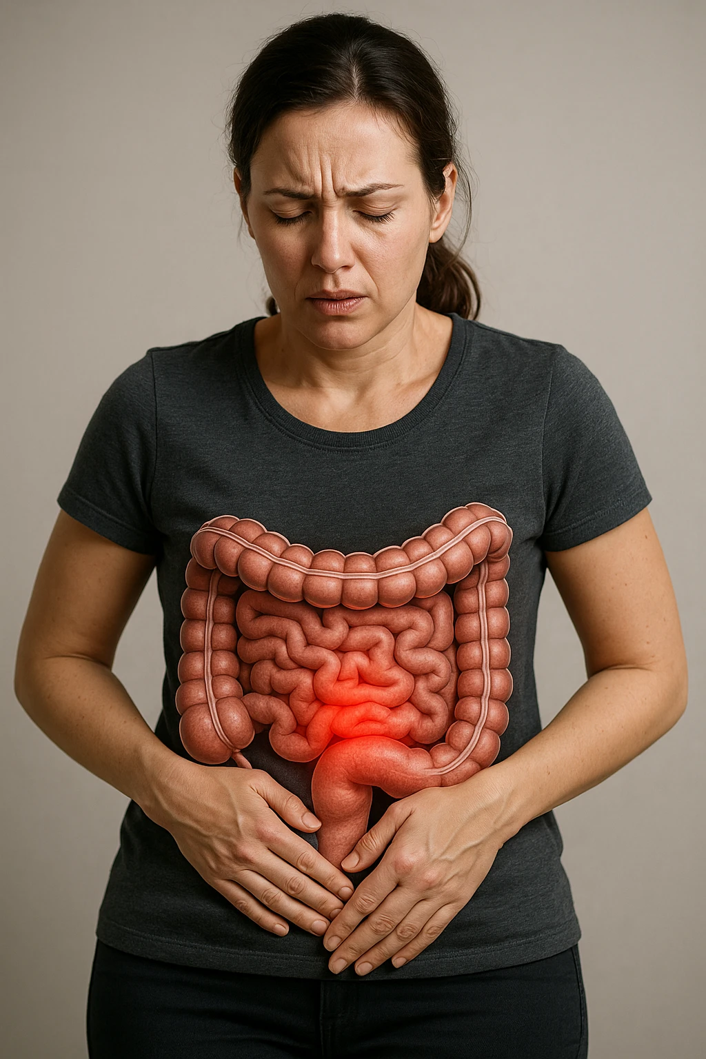 donna in piedi che si tiene la pancia con intestino umano anatomico e mal di pancia, iperrealistica 4k emoji