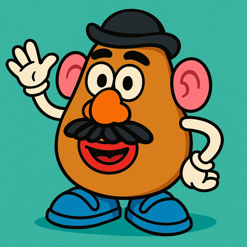 colorful cartoon style potato head toy with removable features, inspired by Toy Story emoji