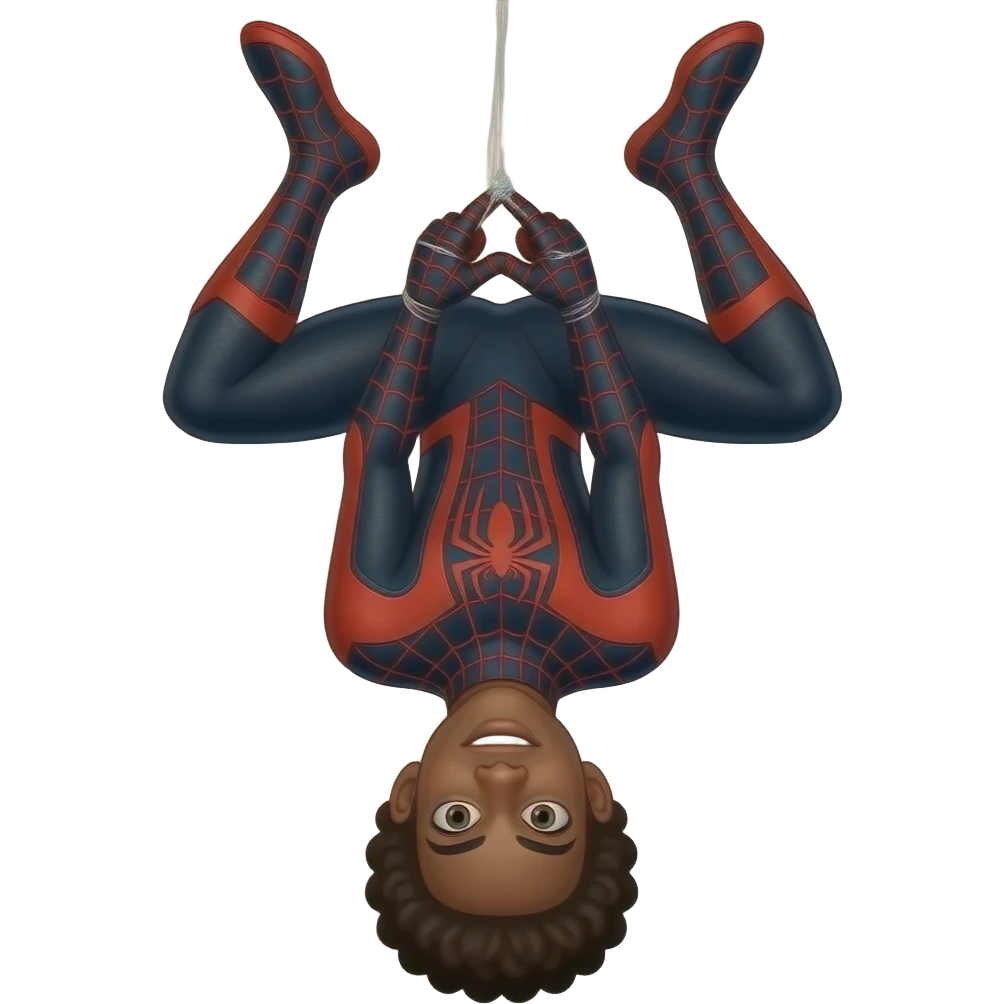 Spiderman miles morales wearing his mask in his black and red suit hanging upside-down holding the web string with both hands with his mask on emoji