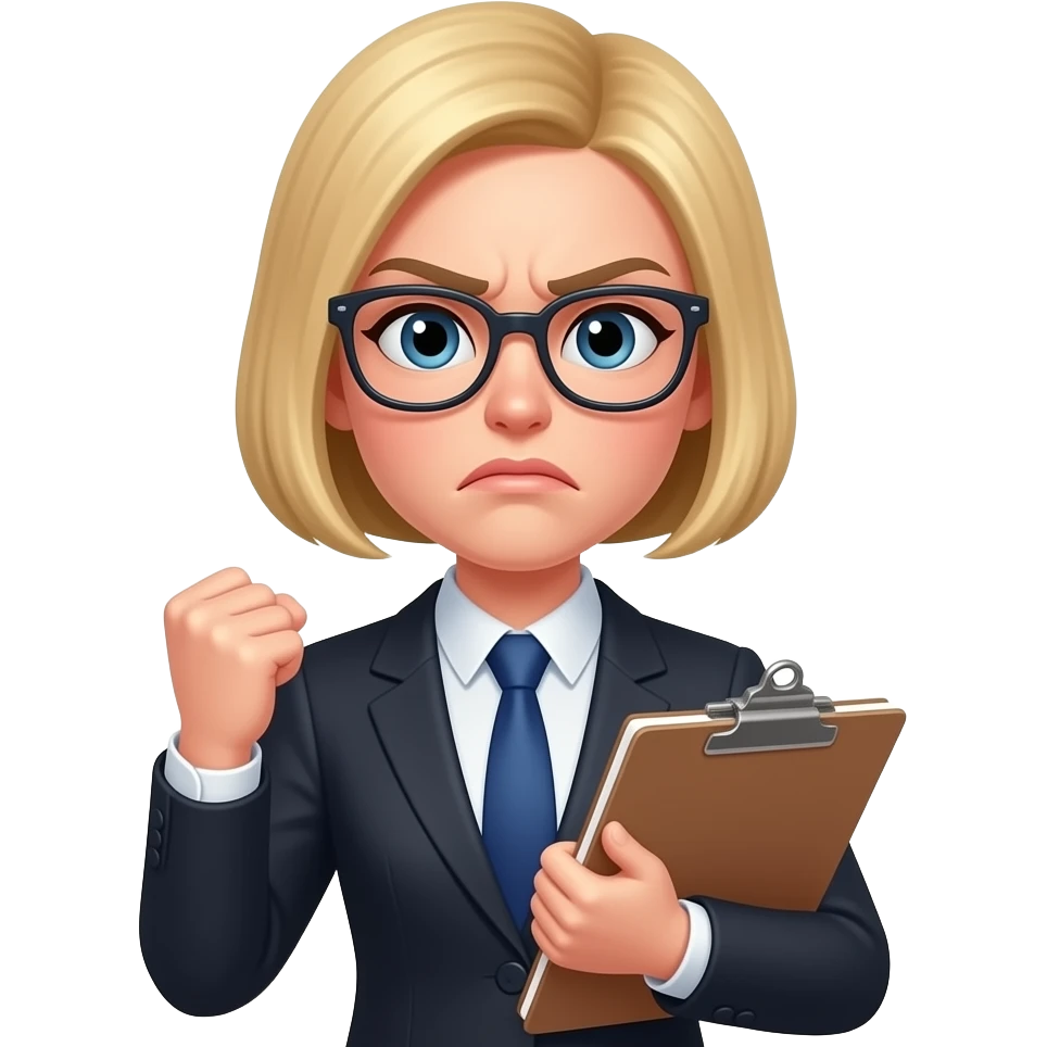 female, blonde, buzz hair cut, glasses, lawyer, frusturated, legal pad emoji