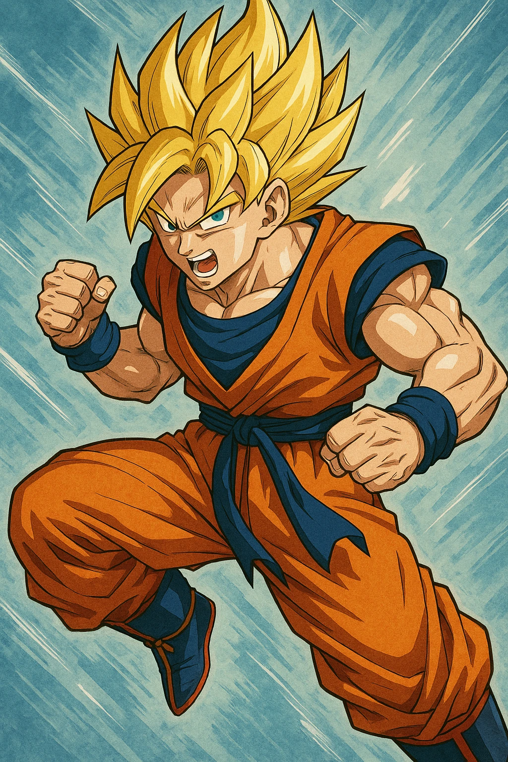Son Goku, Super Saiyan form, golden spiky hair, blue eyes, orange gi, dynamic pose, anime style emoji