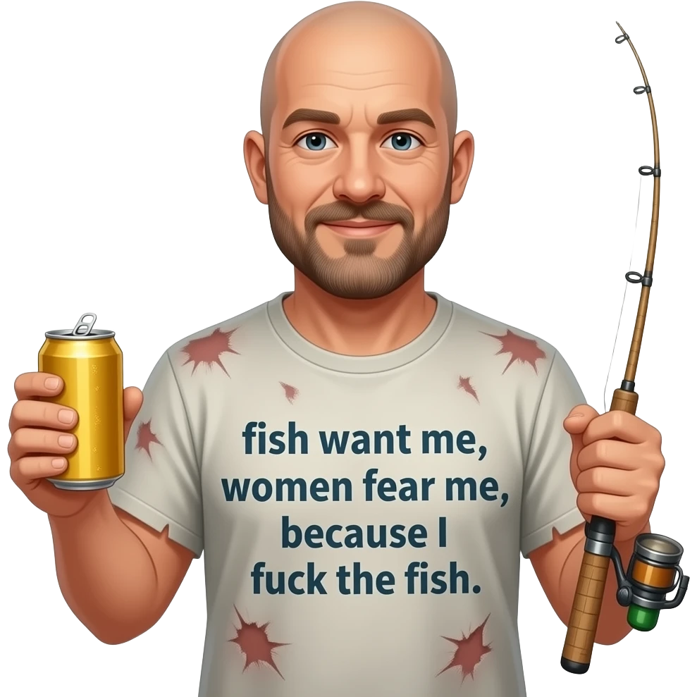 A fisherman wearing a distressed and tattered t shirt that says “fish want me, women fear me, because I fuck the fish.” He has a beer can in one hand and a fishing rod in the other hand. Make him bald emoji